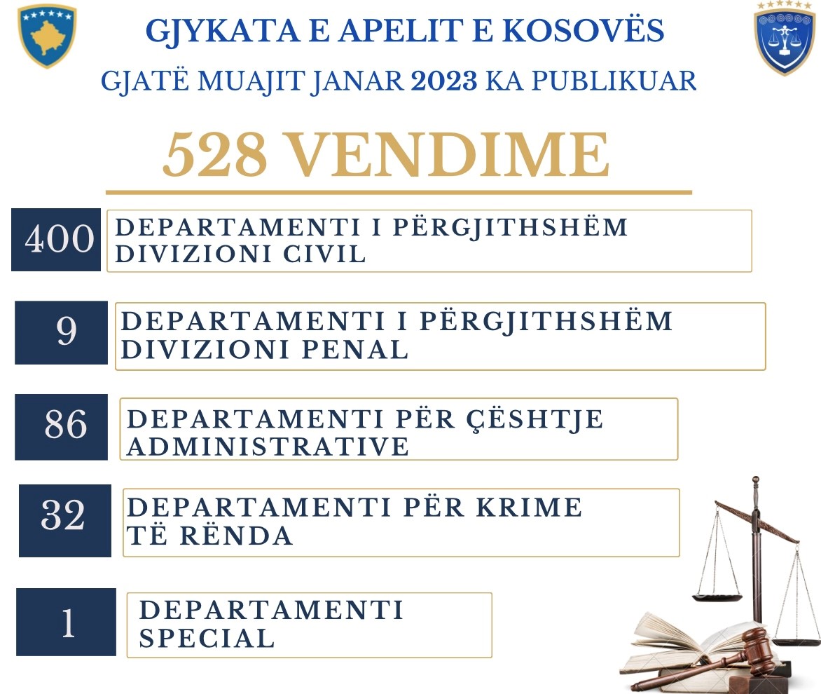 Apelacioni Sud Kosova tokom meseca Januara objavio je 528 odluka
